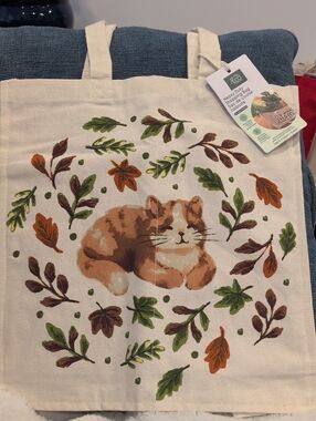 Cream Cotton Tote Bag with Orange Cat and Green Leaf Motif